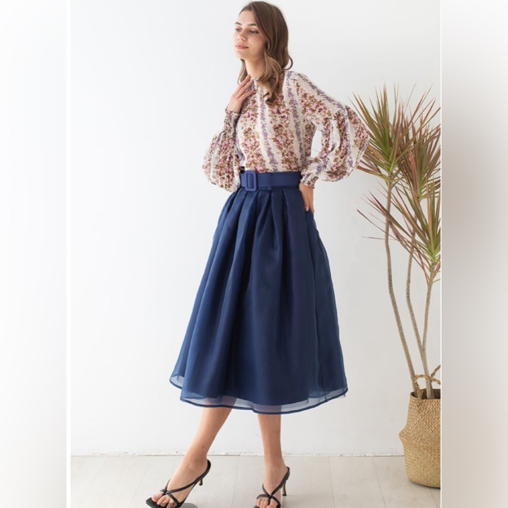 NWT Soft Organza Pleated Midi Skirt in Navy (size S)